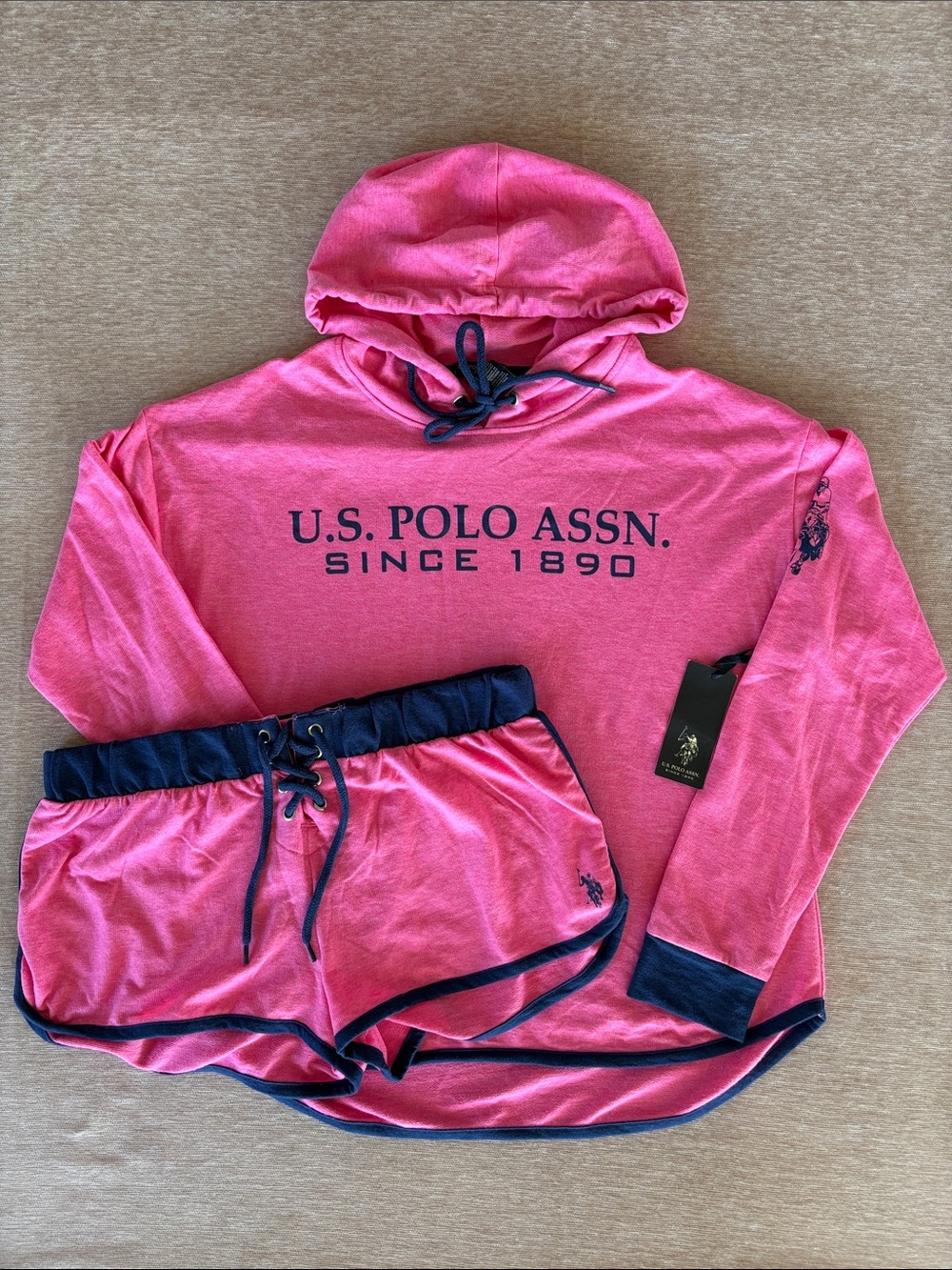 U.S. Polo Assn. Pajama Loungewear Set Hooded Pullover & Shorts Pink & Navy NWT M